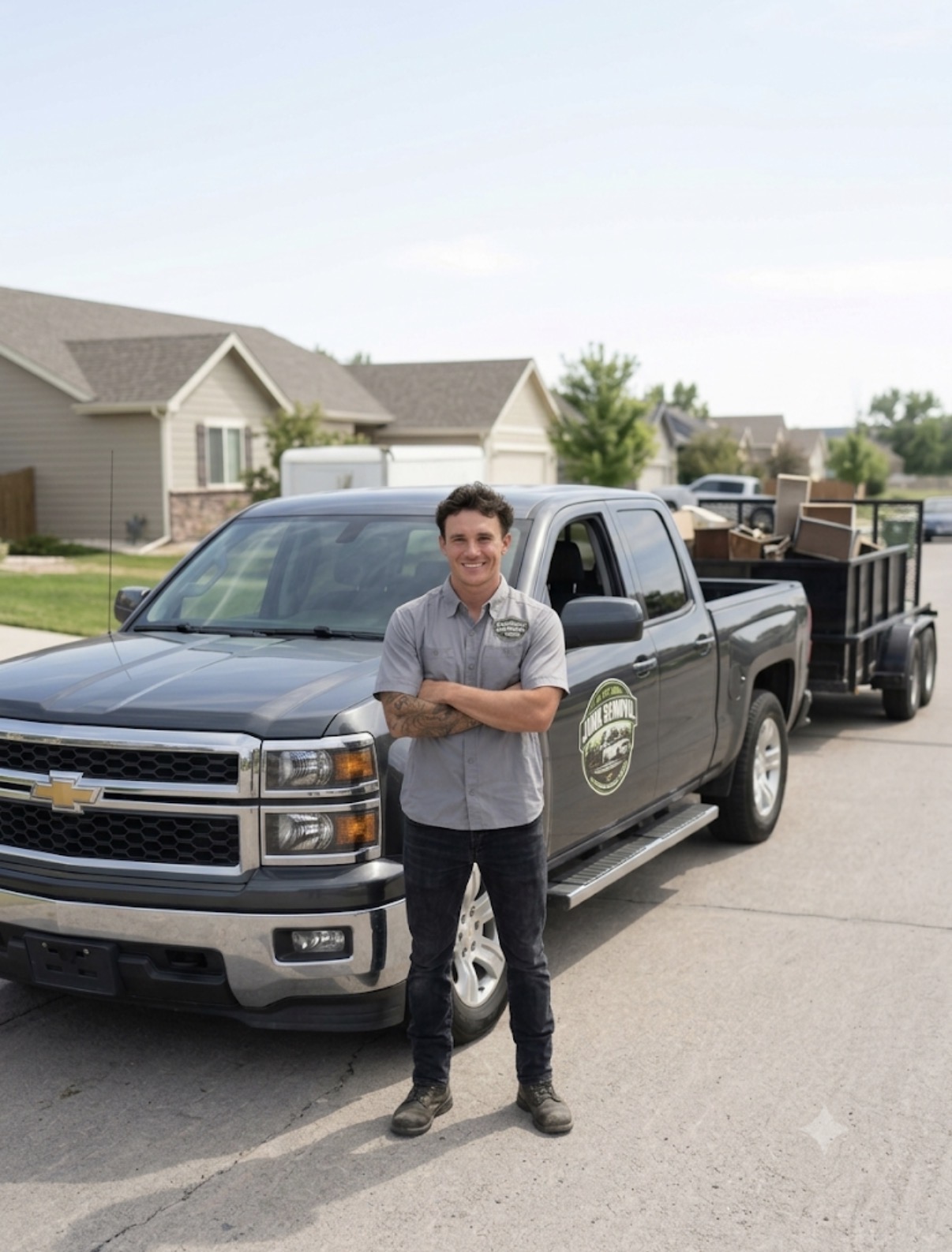 Jayden Jacobsen, owner of Jay's Local Junk Removal, standing in front of his junk removal truck and loaded trailer in Salt Lake County